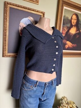 ZARA Women’s Navy Blue Knit Long Sleeve Top Size S Peasant Renaissance Hippie